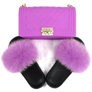 WOMEN REAL FOX FUR SLIPPERS & Crossbody Bag Set